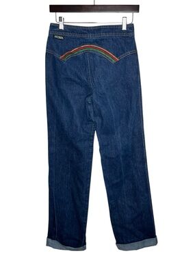 70s Vintage Viceroy Rainbow Embroidered Blue Denim Bareback Jeans